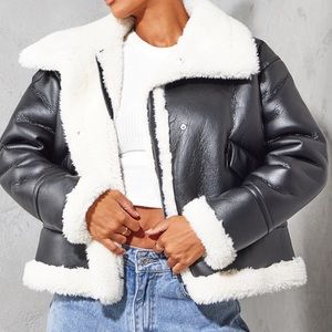 Black Faux Fur Lined Faux Leather Buckled Aviator Jacket